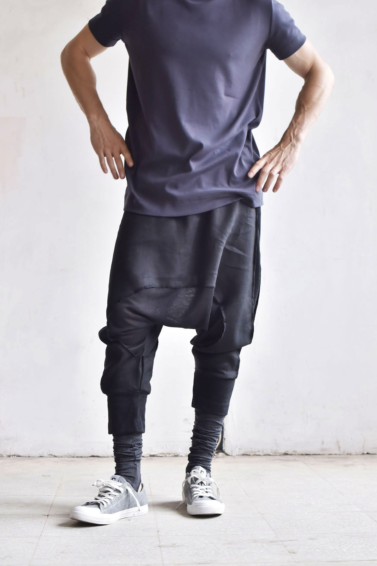 Men’s Black Avant-Garde Jogger Pants with Low Crotch Fit