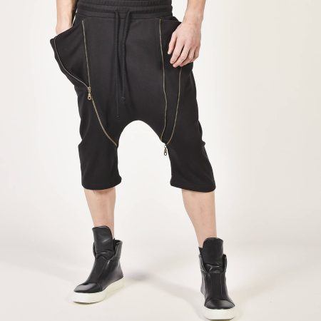 Men’s Black Drop Crotch Harem Shorts with Zipper Detail