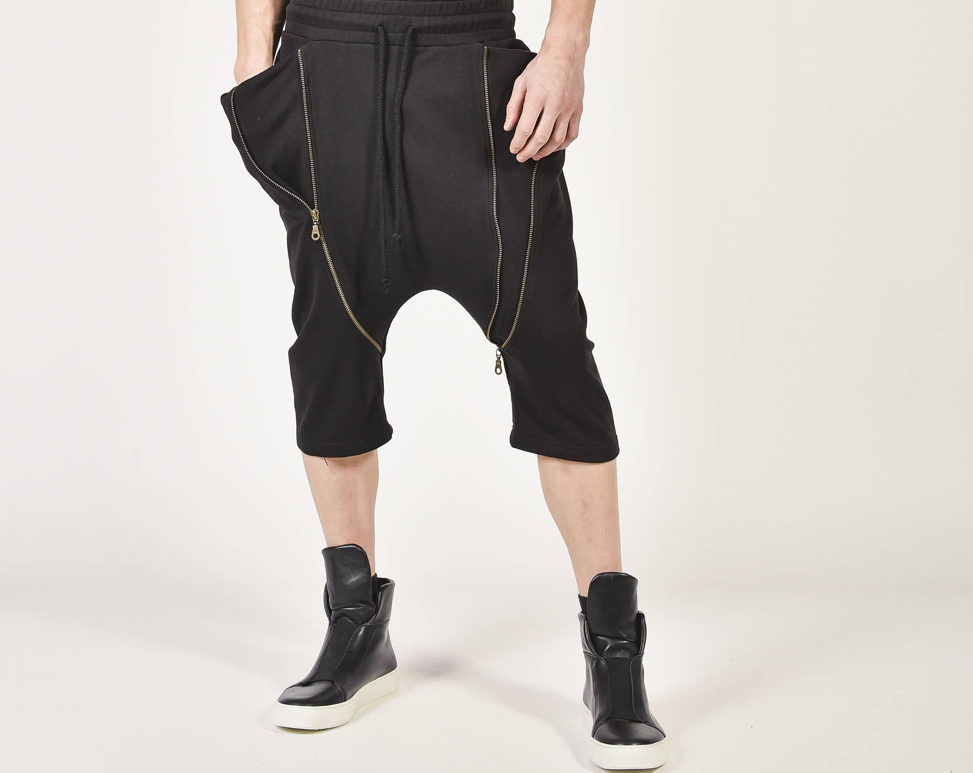 Men’s Black Drop Crotch Harem Shorts with Zipper Detail