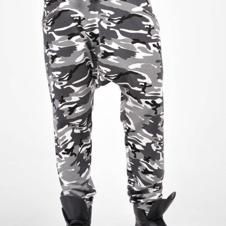 Men’s Grey Camouflage Drop Crotch Jogger Pants with Drawstring Waist