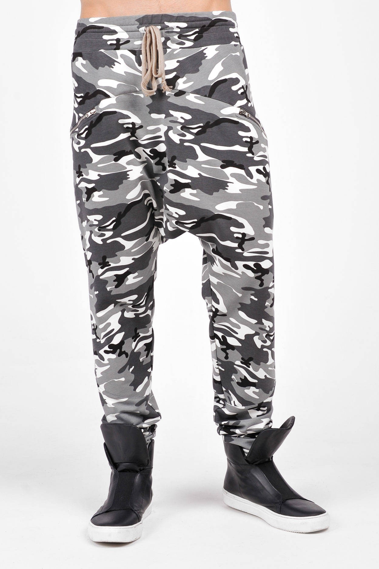 Men’s Grey Camouflage Drop Crotch Jogger Pants with Drawstring Waist