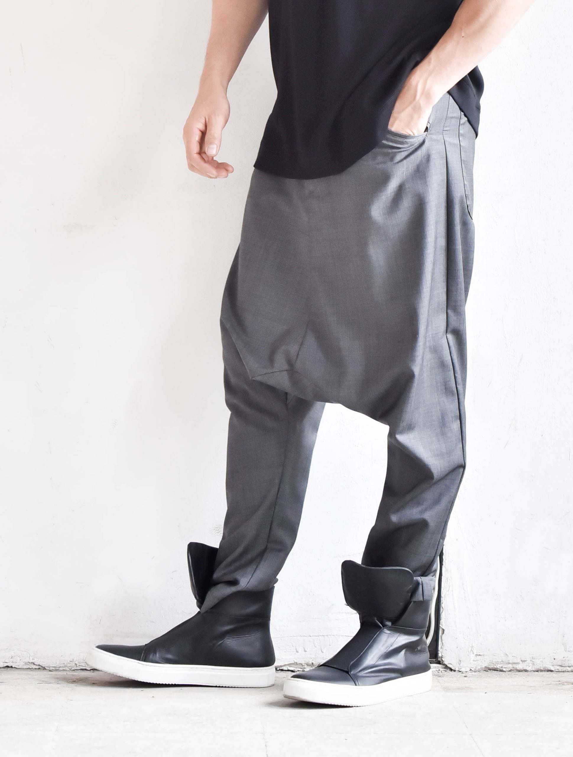 Men’s Grey Streetwear Jogger Pants with Low Crotch Design