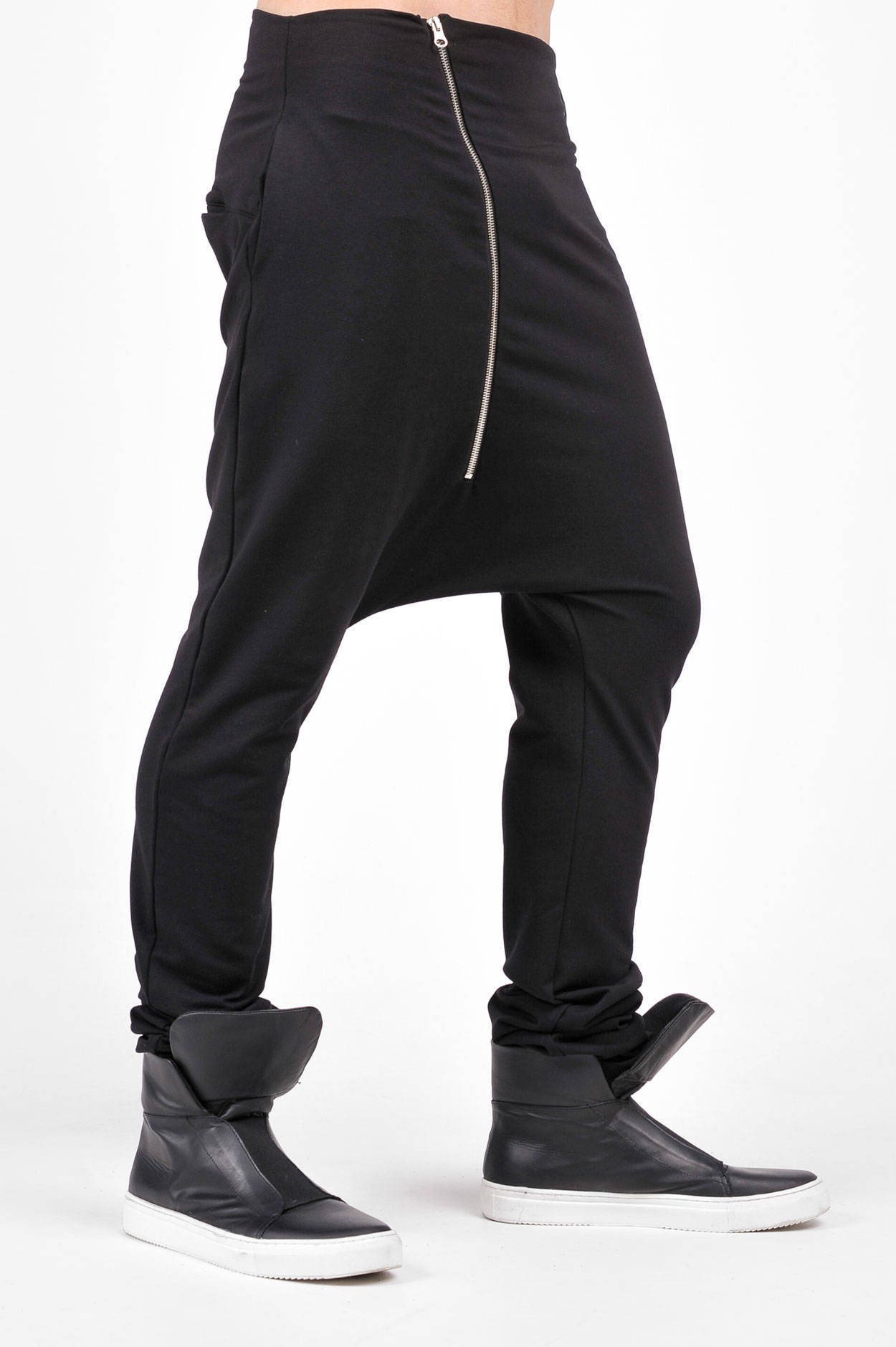 Men’s Urban Black Drop Crotch Sweatpants with Stacked Leg Fit