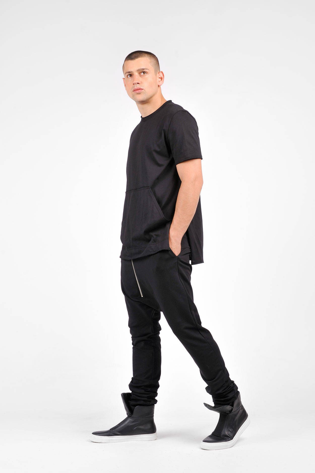 Men’s Urban Black Drop Crotch Sweatpants with Stacked Leg Fit - Image 3