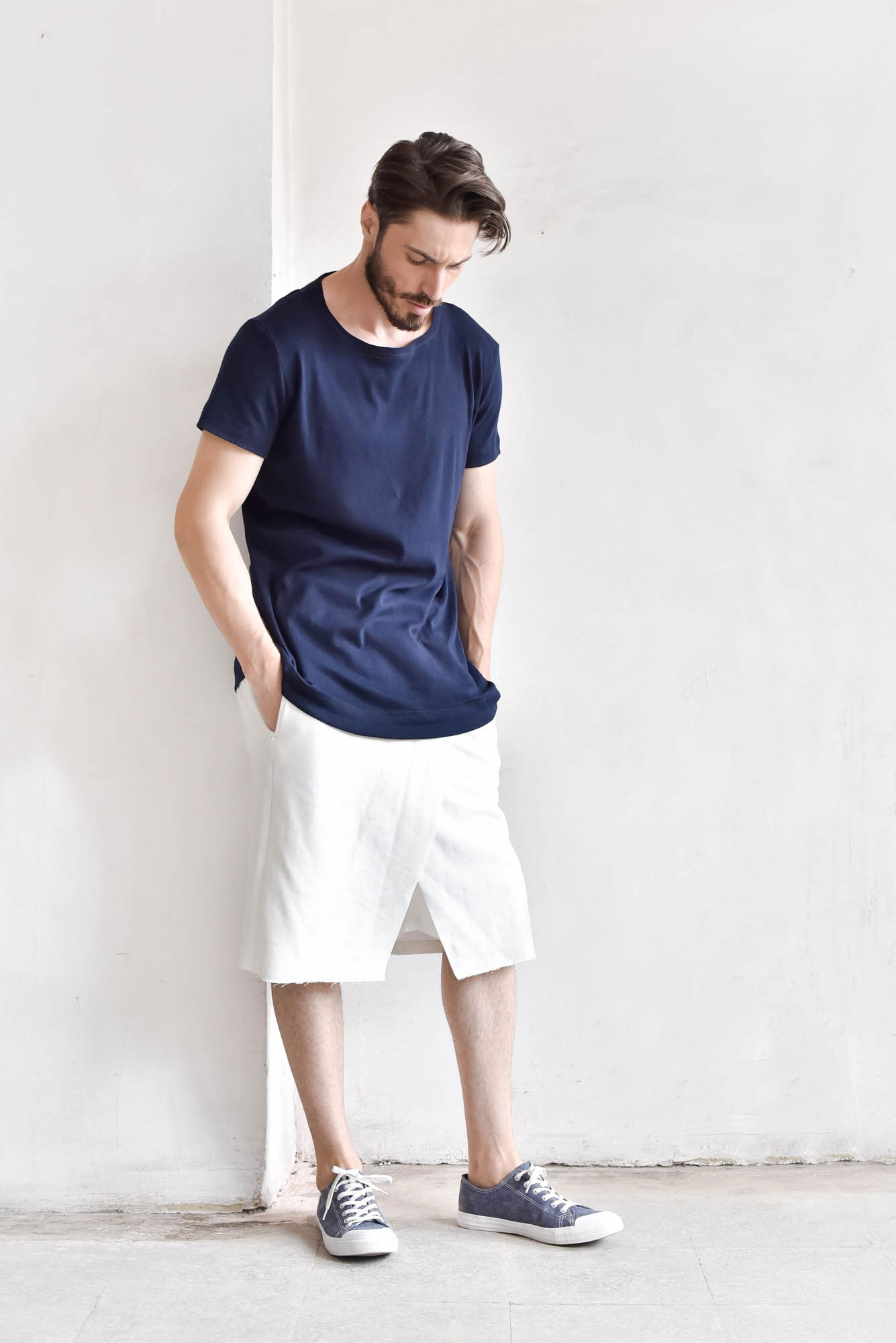 Men’s White Lounge Shorts with Clean Asymmetric Hem