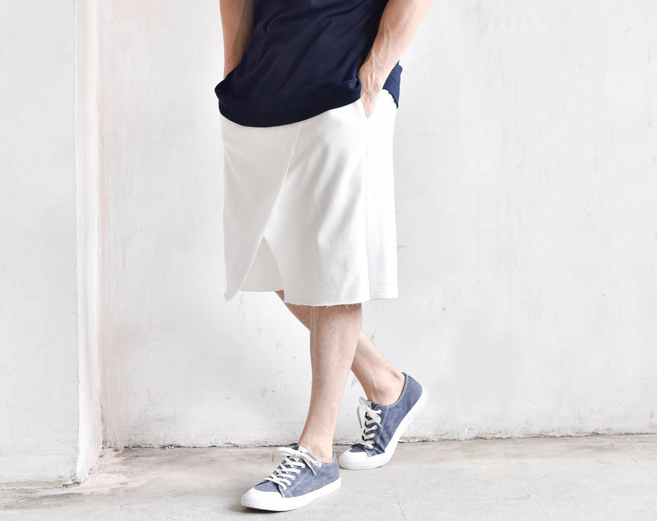 Men’s White Lounge Shorts with Clean Asymmetric Hem - Image 3